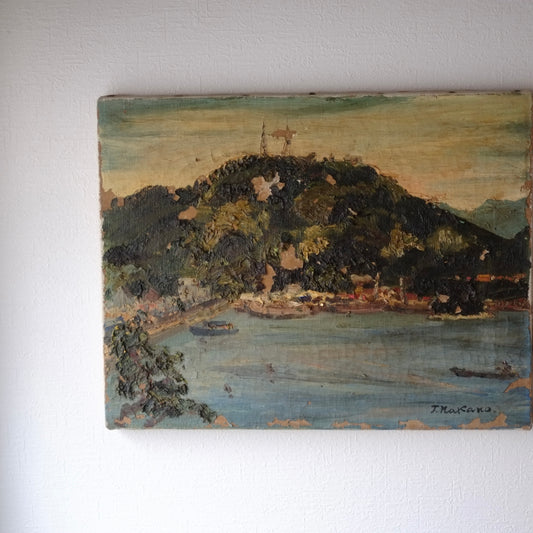 時代　キャンバス湖畔図絵画(時代不詳)