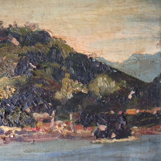 時代　キャンバス湖畔図絵画(時代不詳)