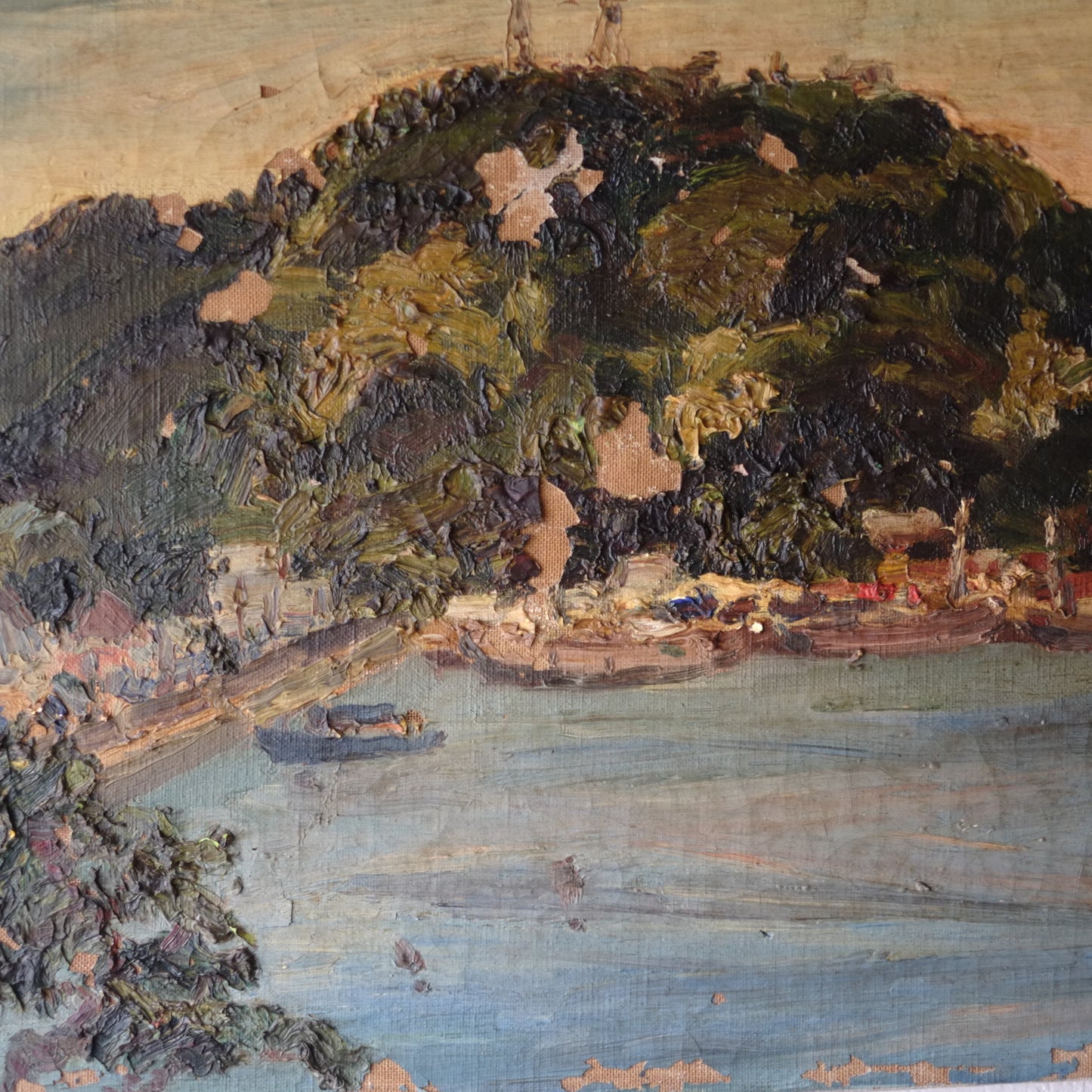 時代　キャンバス湖畔図絵画(時代不詳)