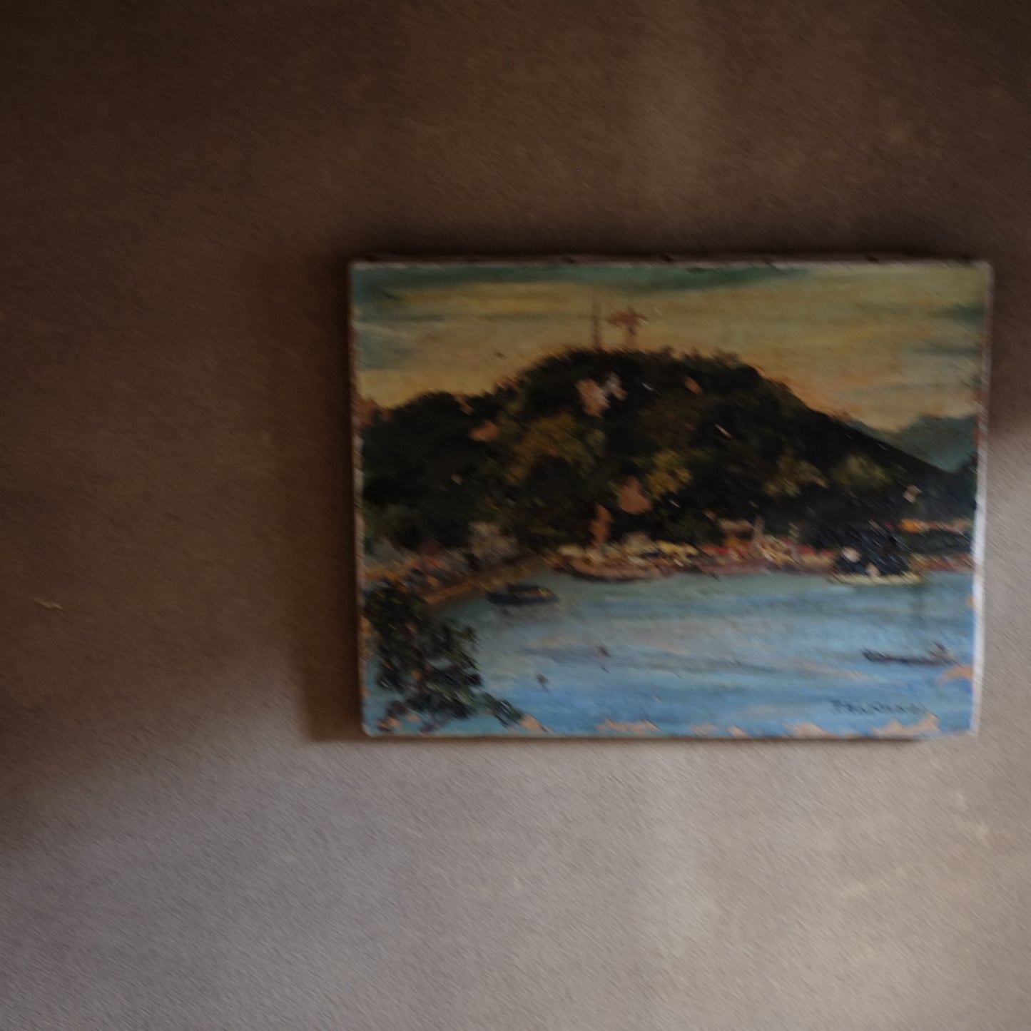 時代　キャンバス湖畔図絵画(時代不詳)