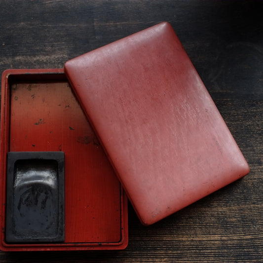 時代　外朱底木地塗　硯箱　硯付(明治期頃)