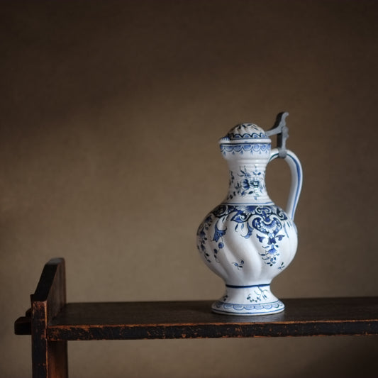 時代 フランス ファイアンス 白釉藍絵草文ピューター付水指 (1920-1950s'頃)