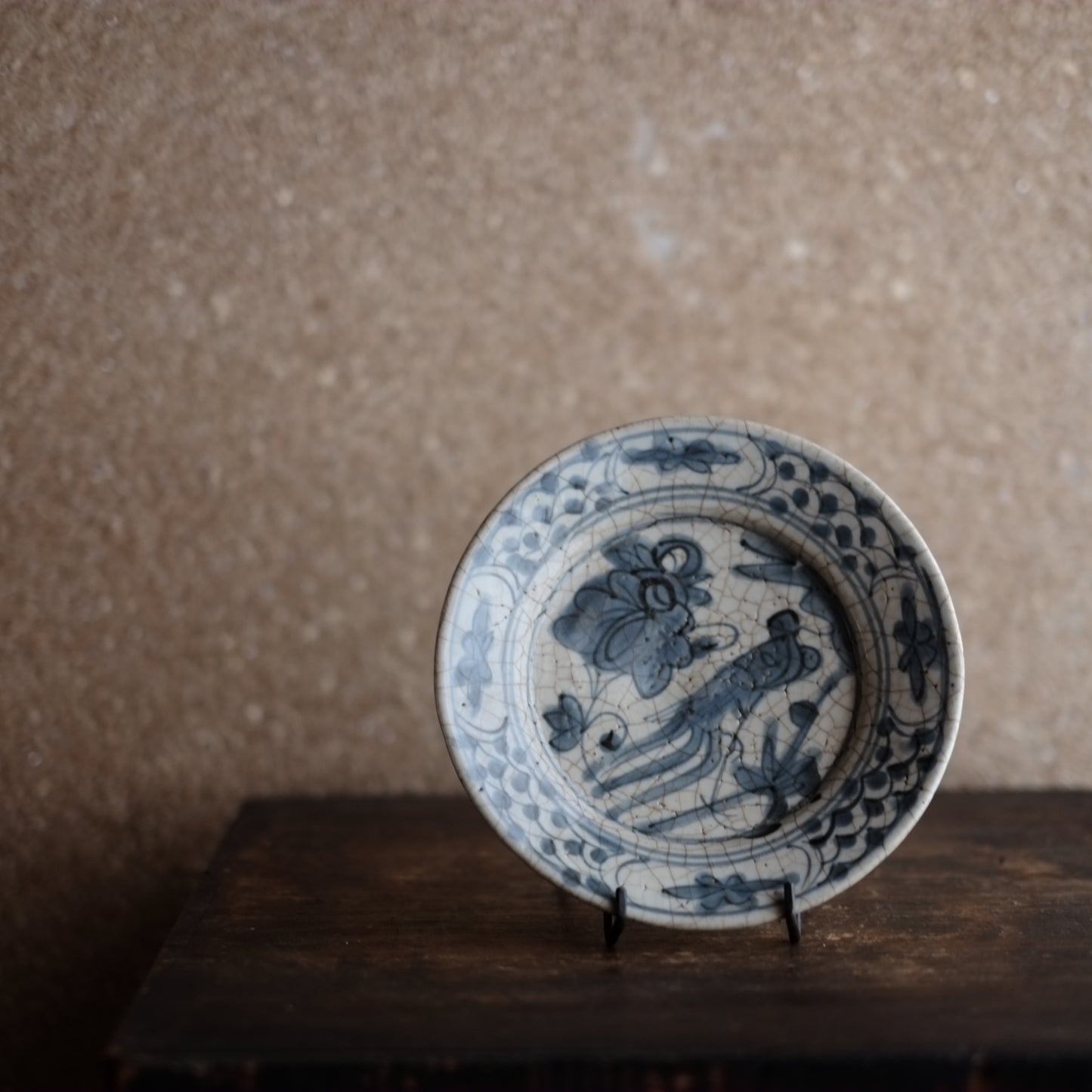 時代　青花　呉須手染付　鳳凰文平皿　明朝末期(17世紀)