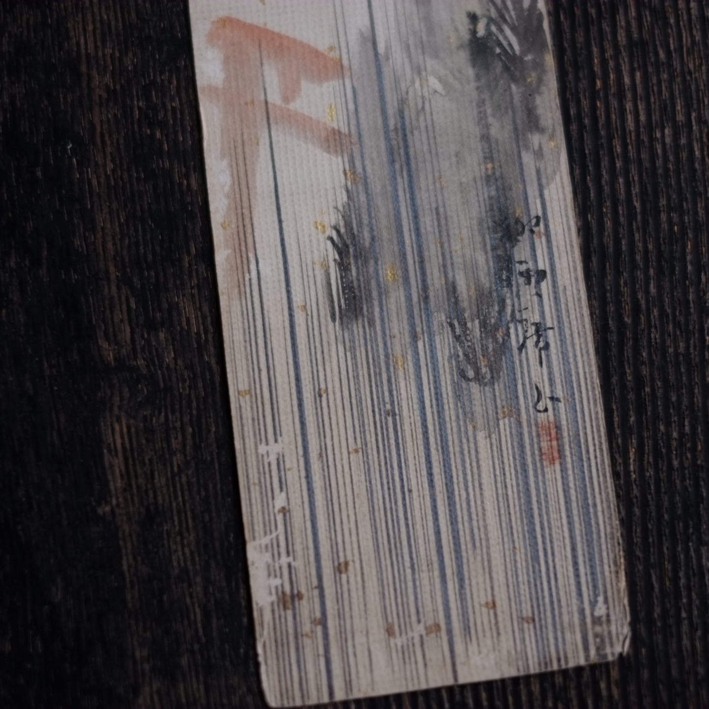 時代　金砂子　彩色雨中社頭図　短冊