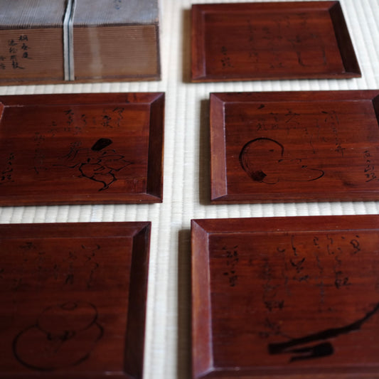 時代 桐春慶塗折敷 四方盆 五枚揃 田能村直入画 時代箱付 (幕末-明治)