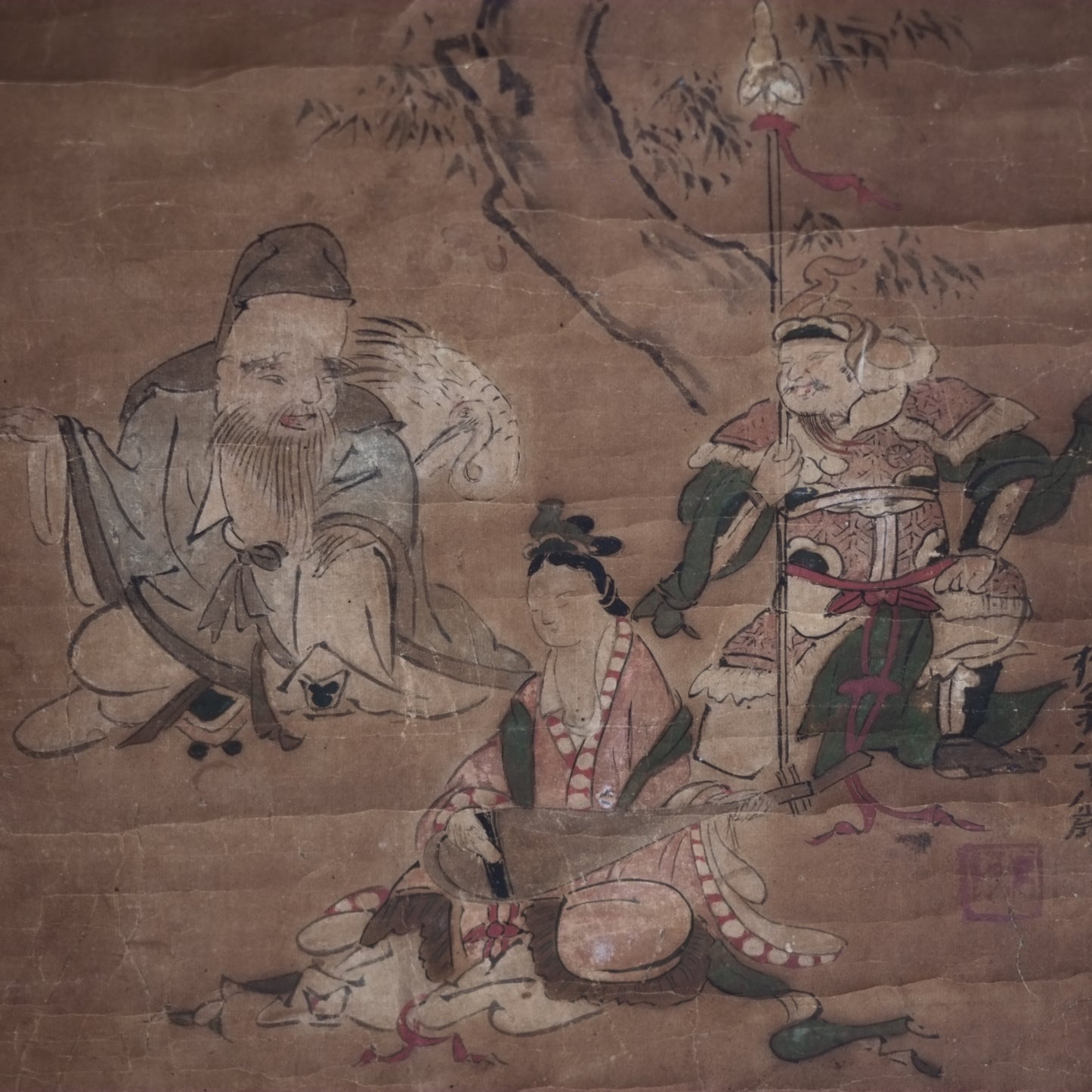 時代　紙本肉筆彩色　七福神図　掛軸 (江戸後期-明治時代)