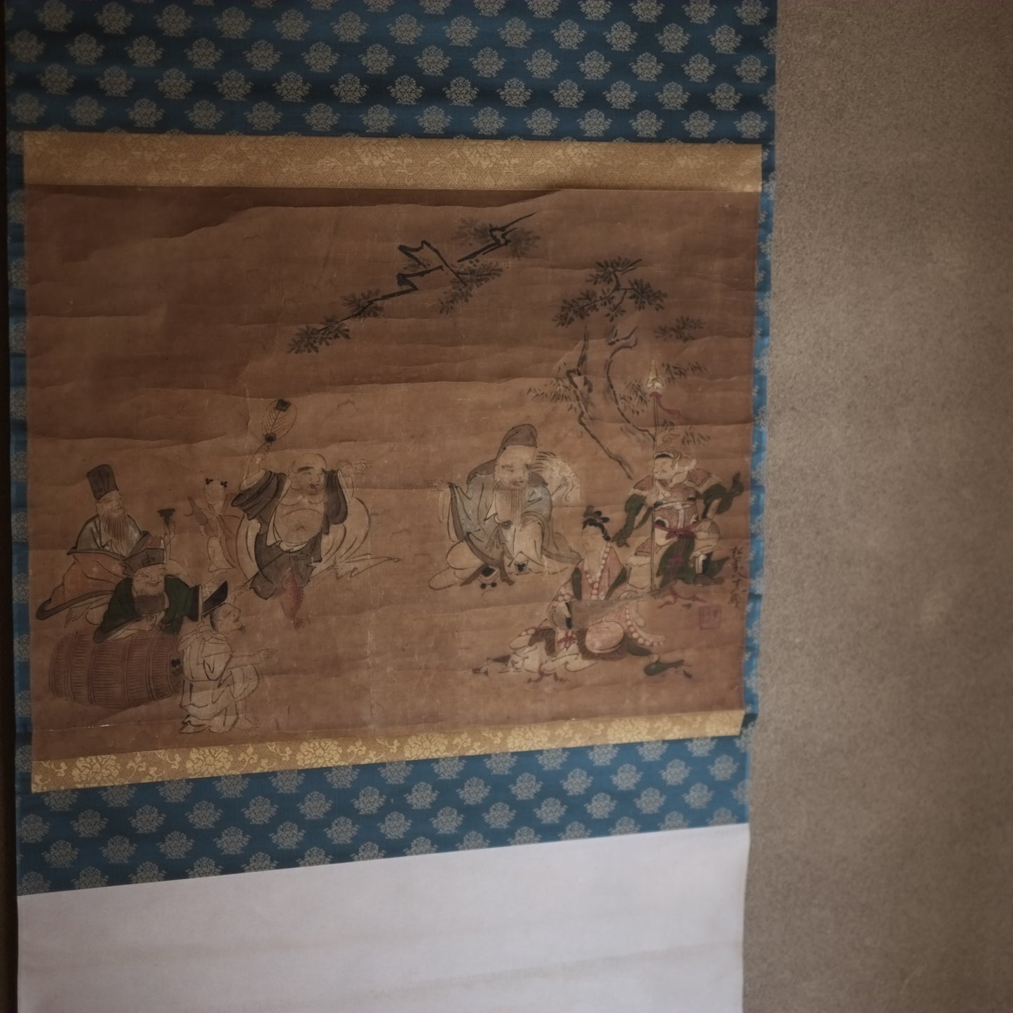 時代　紙本肉筆彩色　七福神図　掛軸 (江戸後期-明治時代)