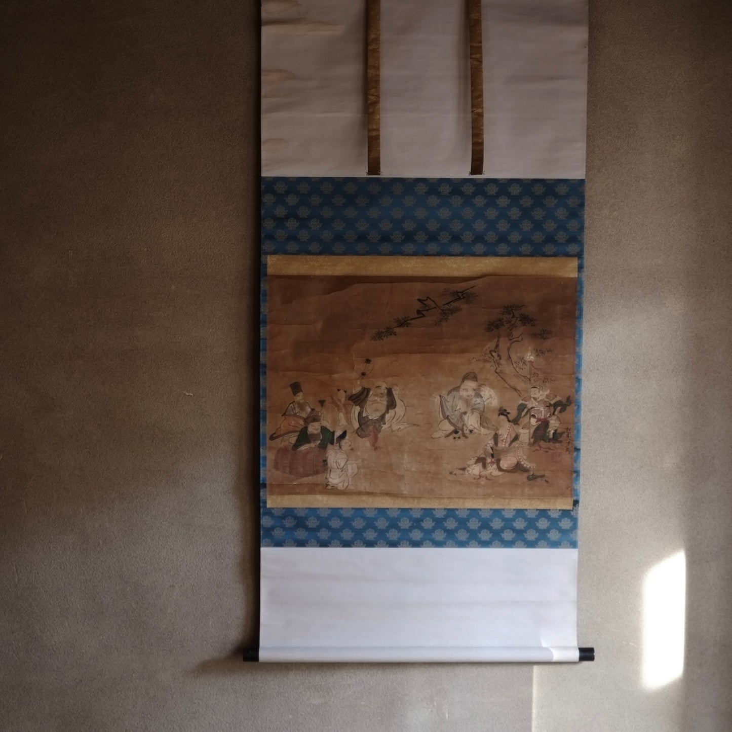 時代　紙本肉筆彩色　七福神図　掛軸 (江戸後期-明治時代)