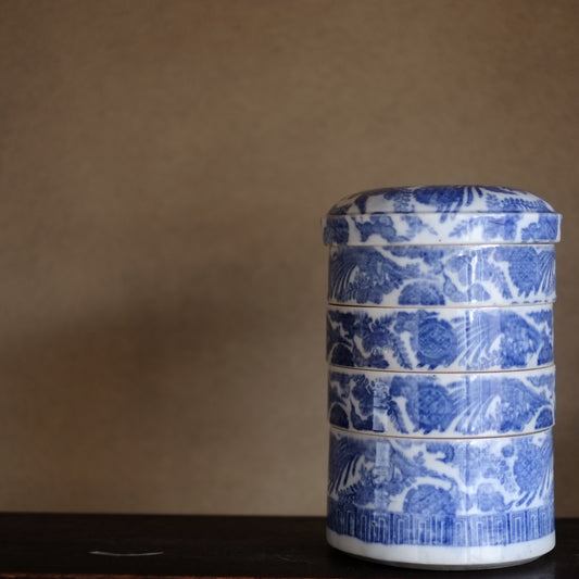 時代　鶴図白磁印判　蓋付　丸形四段重　(明治期頃　19世紀)