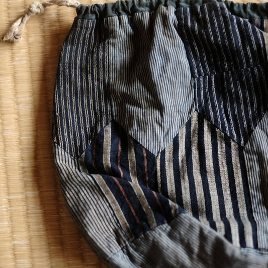 時代 縞継接 巾着米袋 B (明治-大正頃)