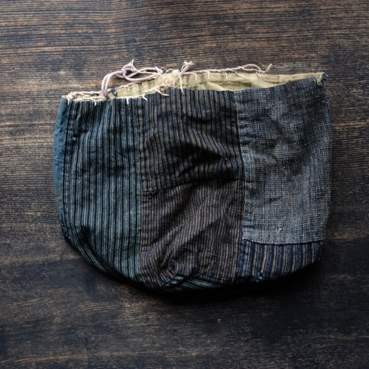 時代 藍染縞継接 巾着米袋 C (明治-大正頃)