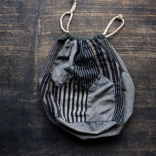 時代 縞継接 巾着米袋 B (明治-大正頃)