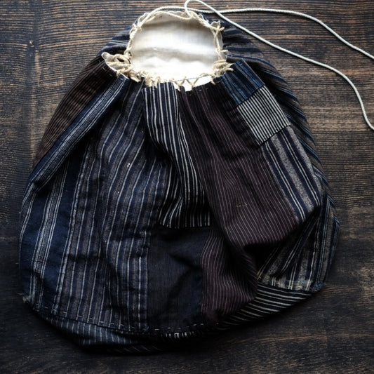 時代 縞継接 巾着米袋 A (明治-大正頃)