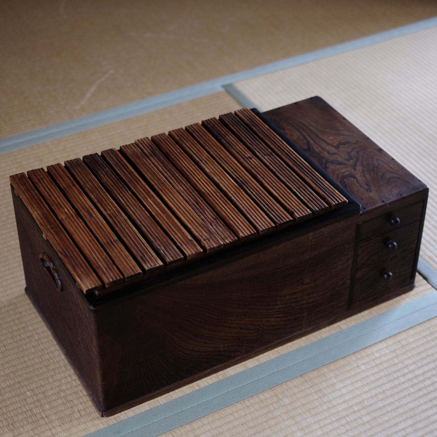 時代　蓋付　杢目江戸長火鉢　一式　（大正〜昭和初期頃）