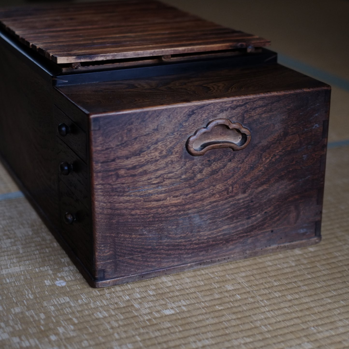 時代　蓋付　杢目江戸長火鉢　一式　（大正〜昭和初期頃）