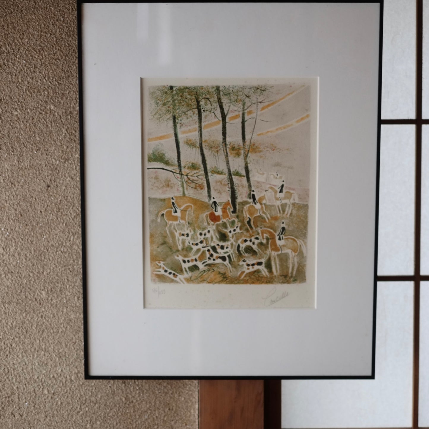 時代　狩猟風景　リトグラフ版画　額装品　限定176/225　サイン入
