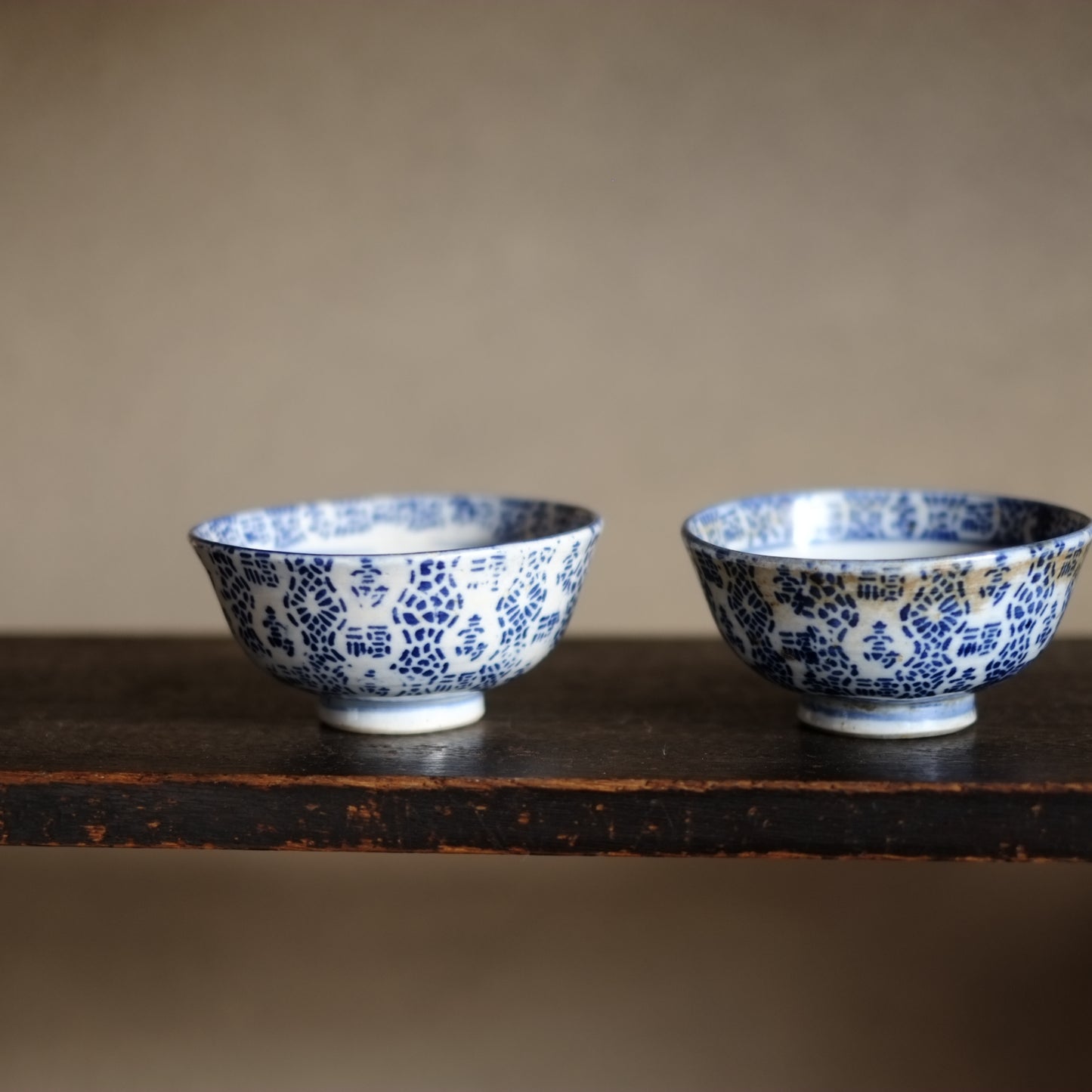 時代　寿福文紙摺印判染付　茶碗(明治時代19世紀末)