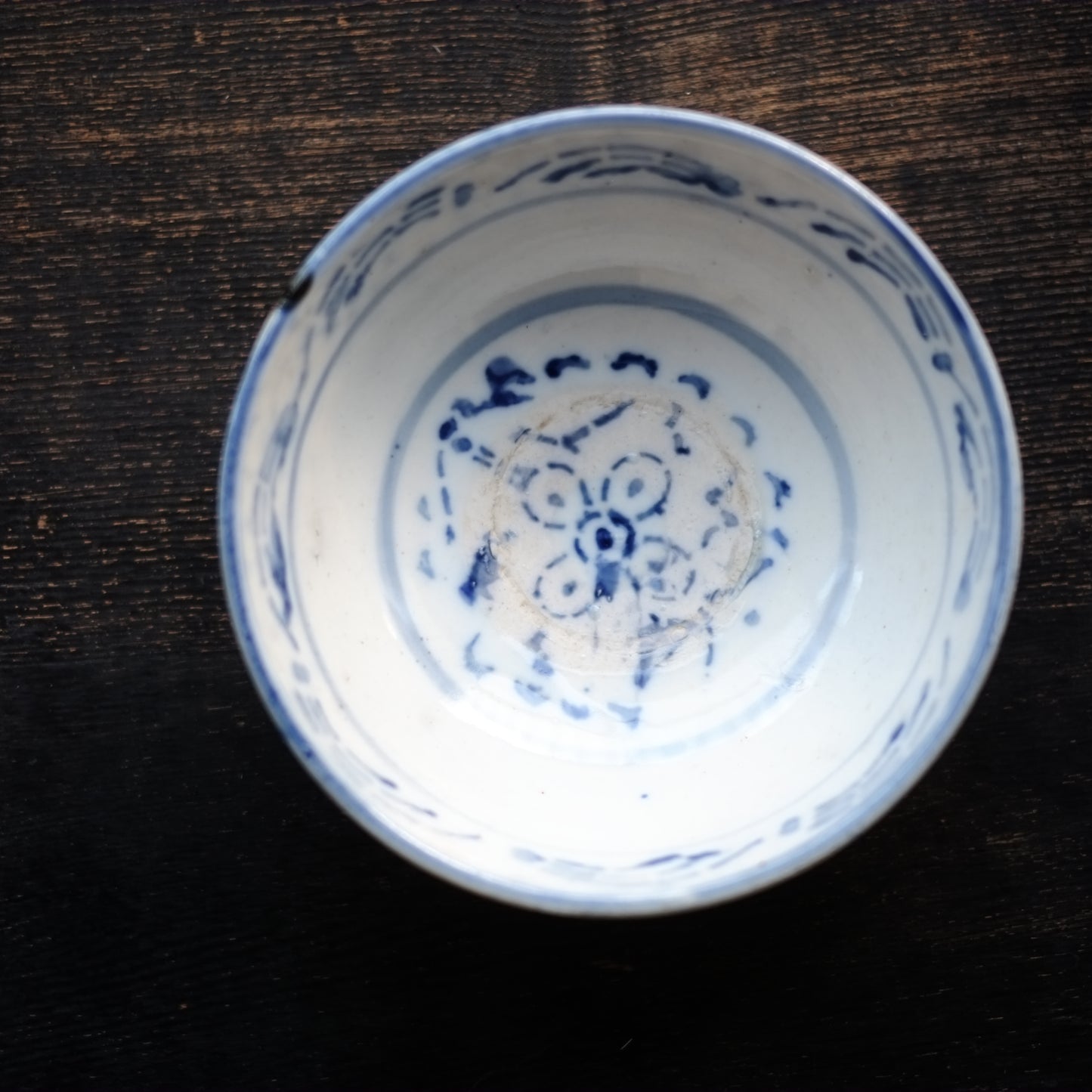 時代　四弁花型紙摺印判染付　鉢　茶碗 (明治時代)