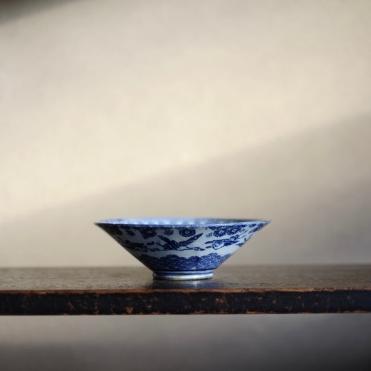 時代　紙摺印判　鶴青海波花文　平茶碗 (明治前期19世紀末)