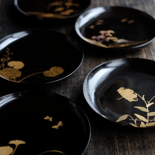 時代 黒漆 図変わり 金蒔絵銘々盆 5客セット その4