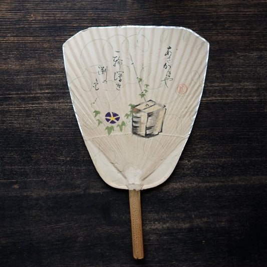 時代　縁銀　彩色朝顔図 長方形団扇（大正〜昭和）