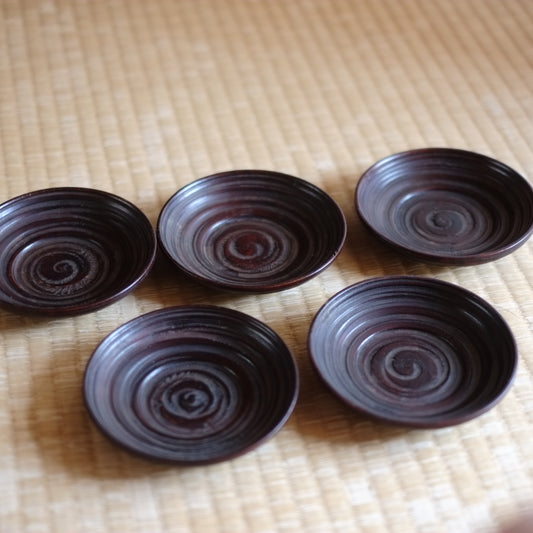 時代　渦巻茶漆　茶托　5客揃