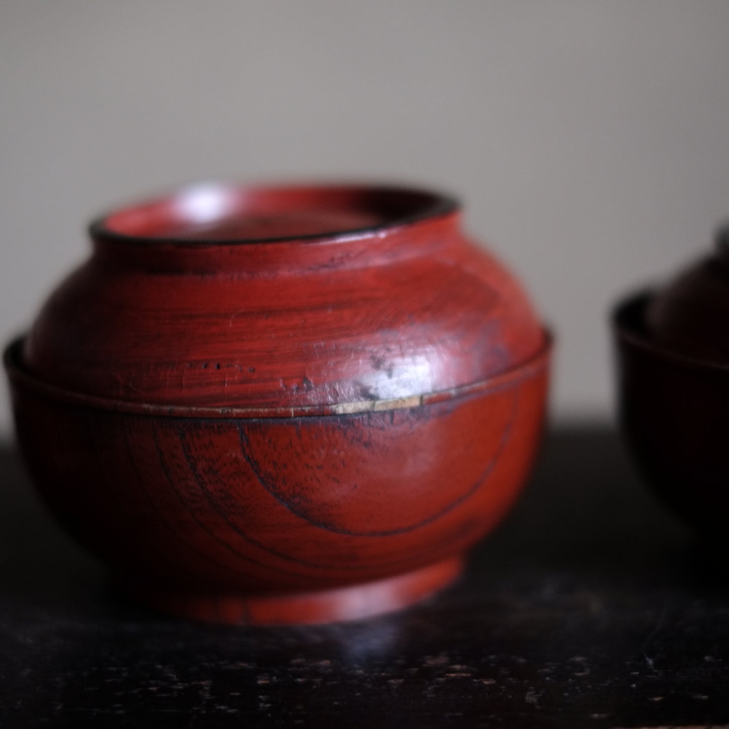 時代　吉野地方　目弾き塗　蓋付菓子椀　三客セット (江戸後期-明治初期)