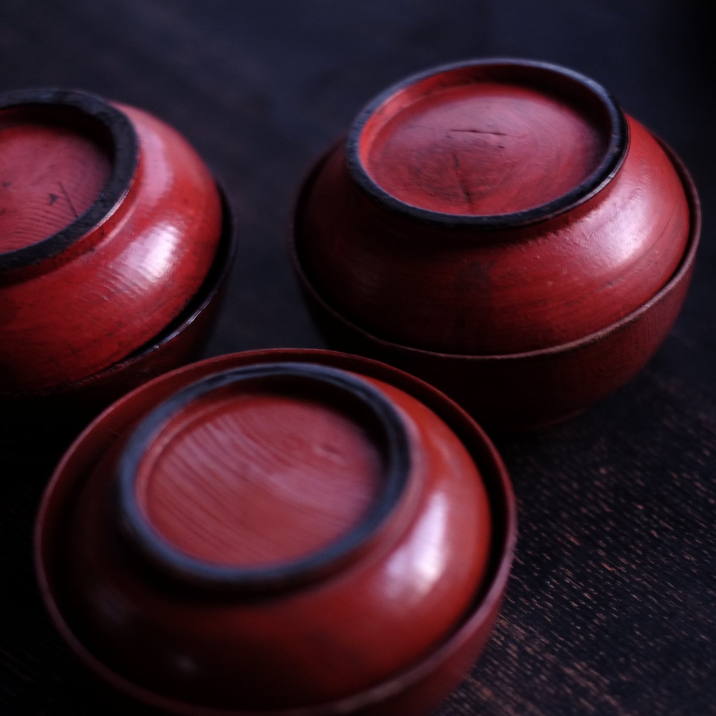 時代　吉野地方　目弾き塗　蓋付菓子椀　三客セット (江戸後期-明治初期)