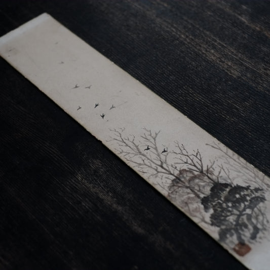 時代　紙本墨画　枯木群鴉図　短冊
