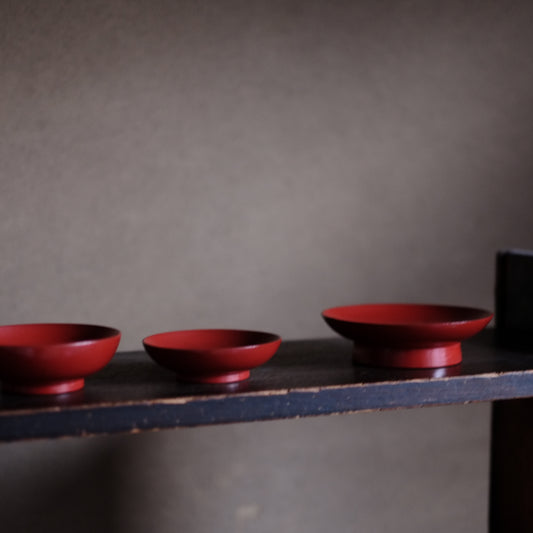 時代 赤漆 三つ椀 椿皿 壺椀セット (幕末-明治)