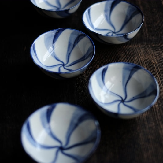 時代 捻文染付汲出茶碗 煎茶碗 小鉢(明治時代)