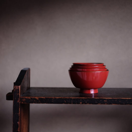 時代 輪島塗 縁金皆朱底黒 四つ椀(明治-大正)