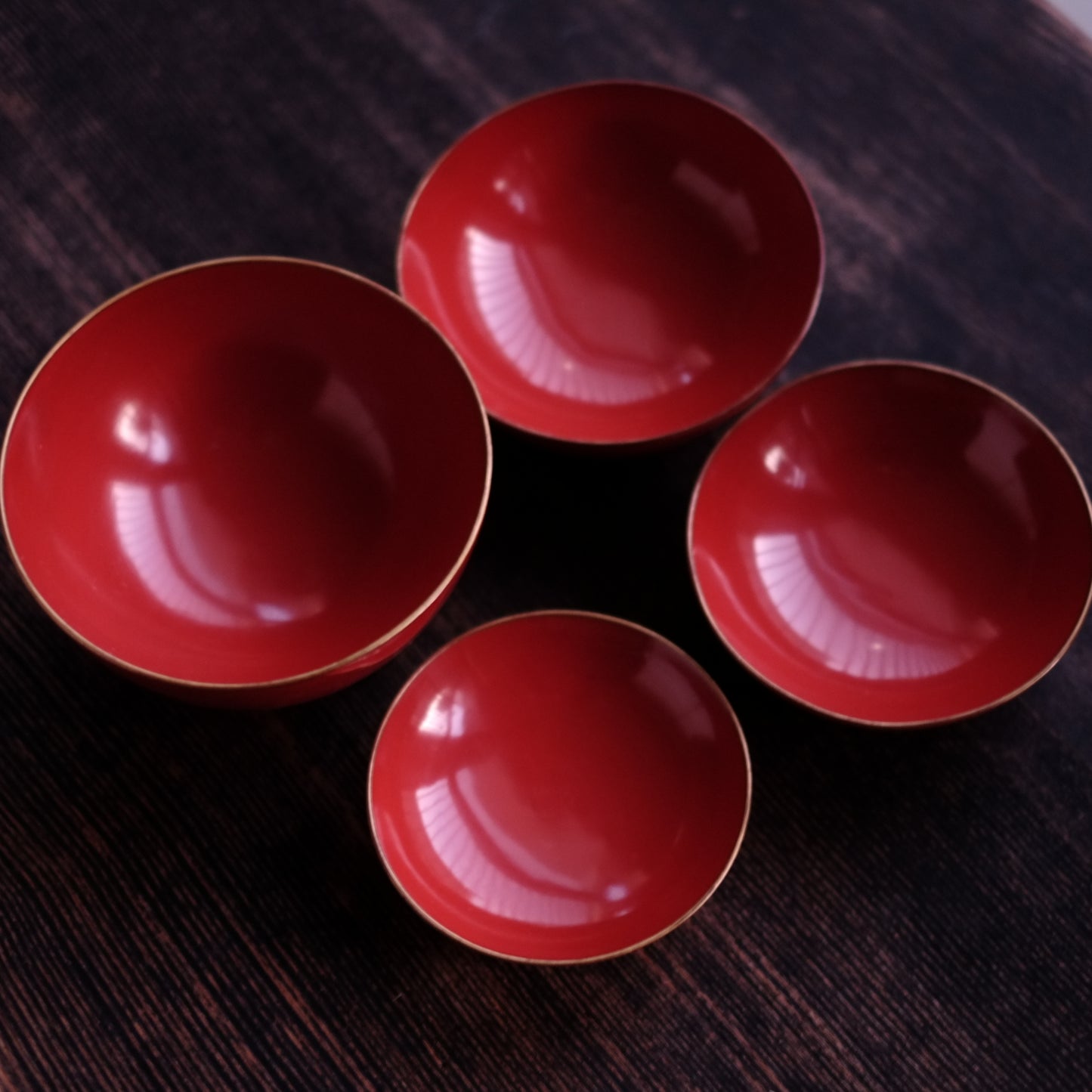 時代　輪島塗　縁金皆朱底黒　四つ椀(明治-大正)