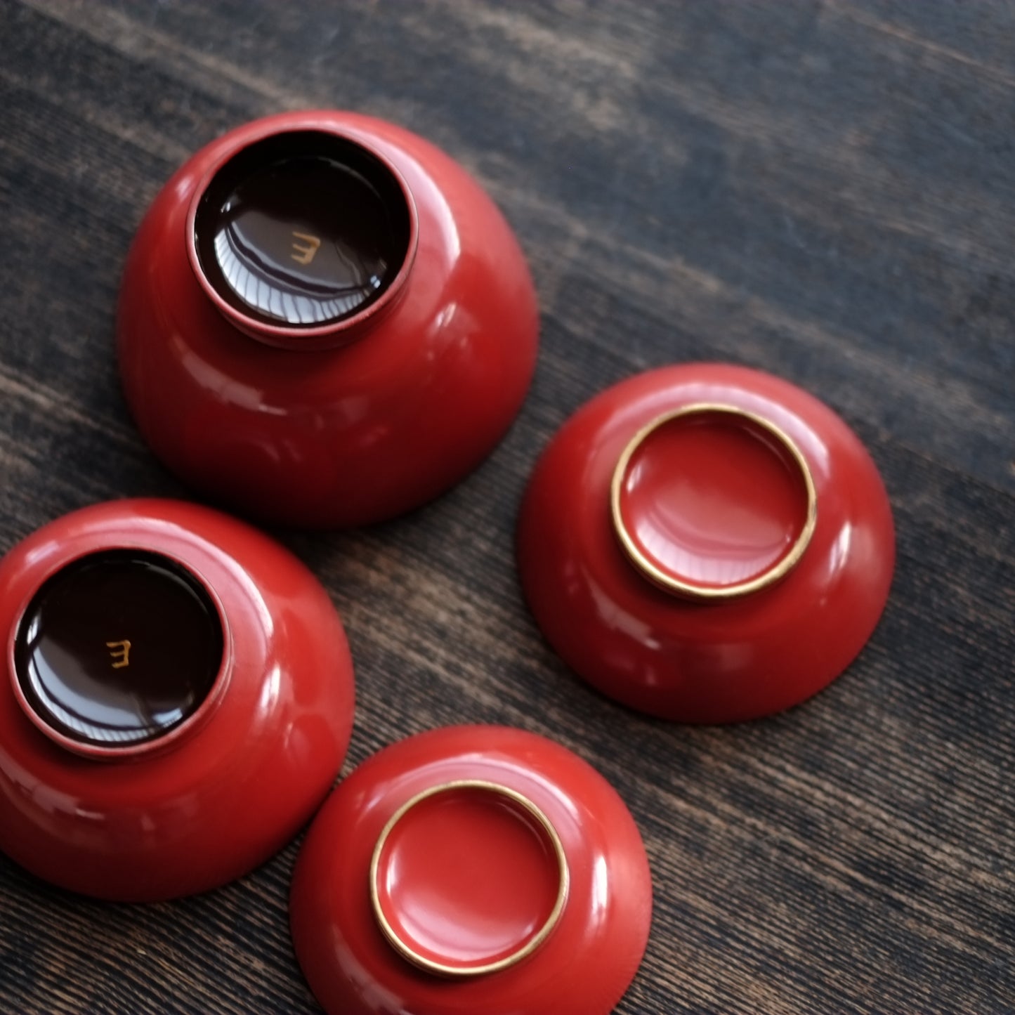 時代　輪島塗　縁金皆朱底黒　四つ椀(明治-大正)