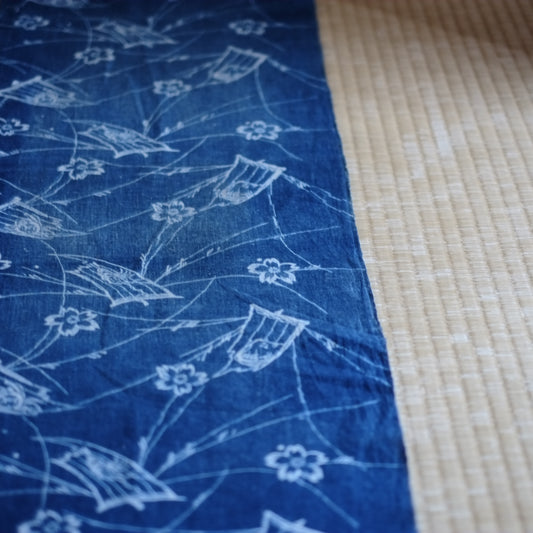 時代 藍染花筏文両面型染古布 (明治期頃)