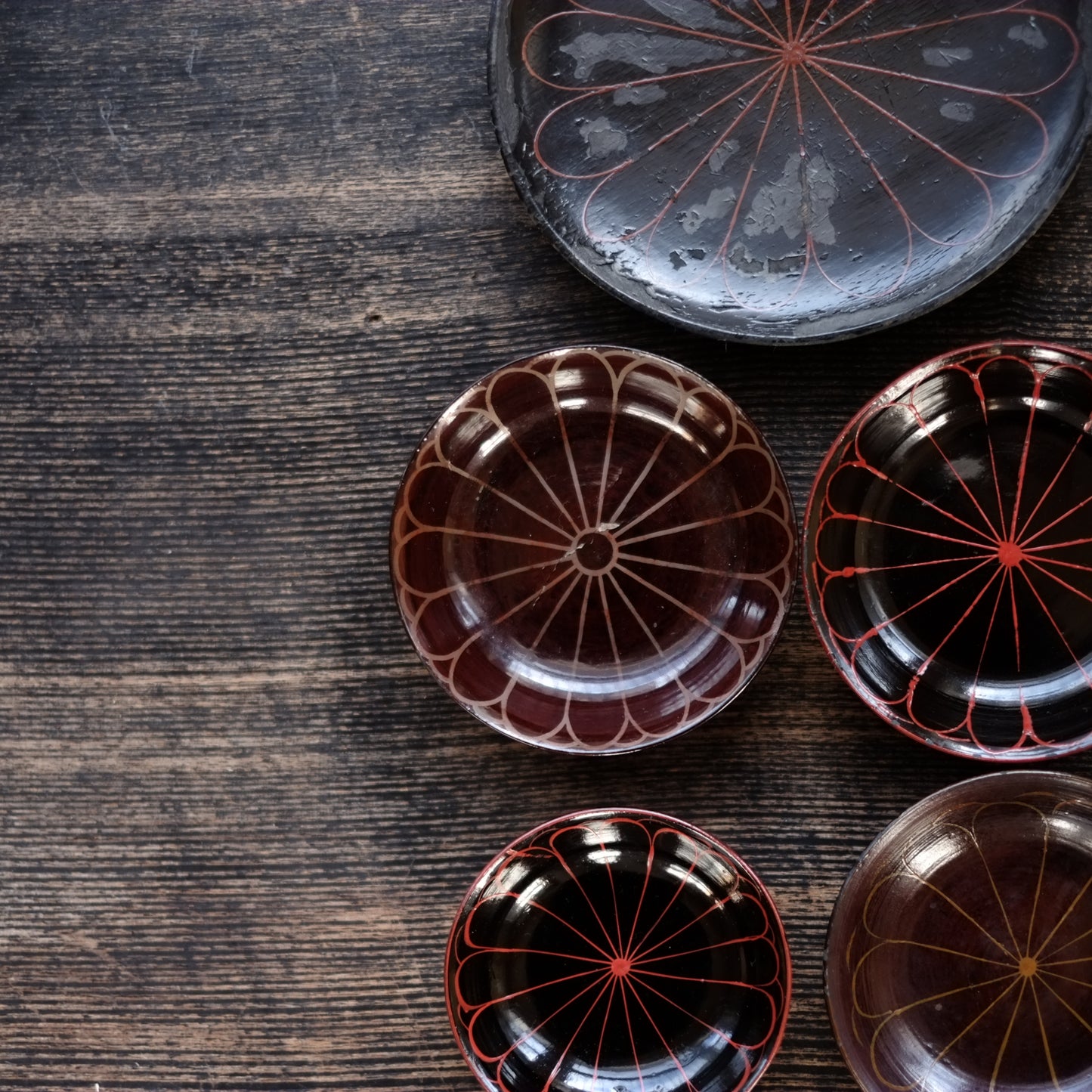 時代　十六花弁　朽木塗　小皿&豆皿　五種　セット　(江戸後期-明治初期)　