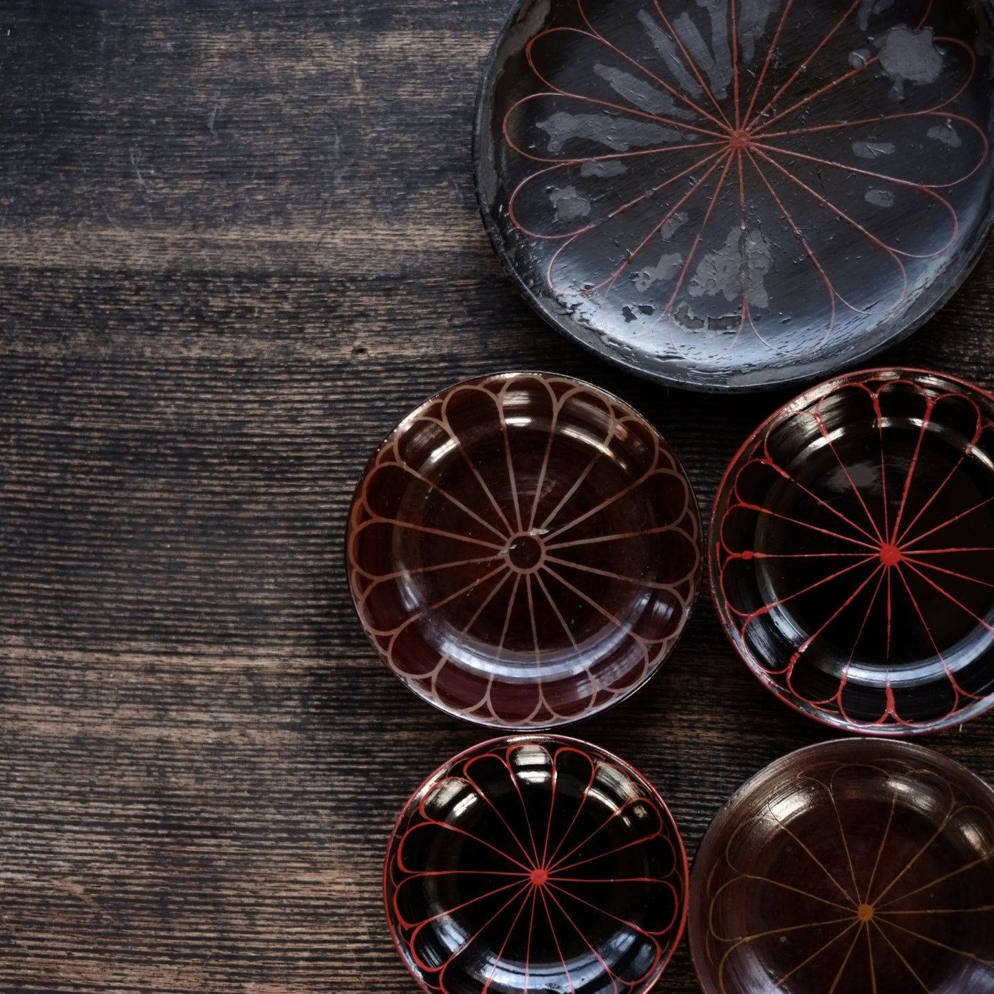 時代　十六花弁　朽木塗　小皿&豆皿　五種　セット　(江戸後期-明治初期)　