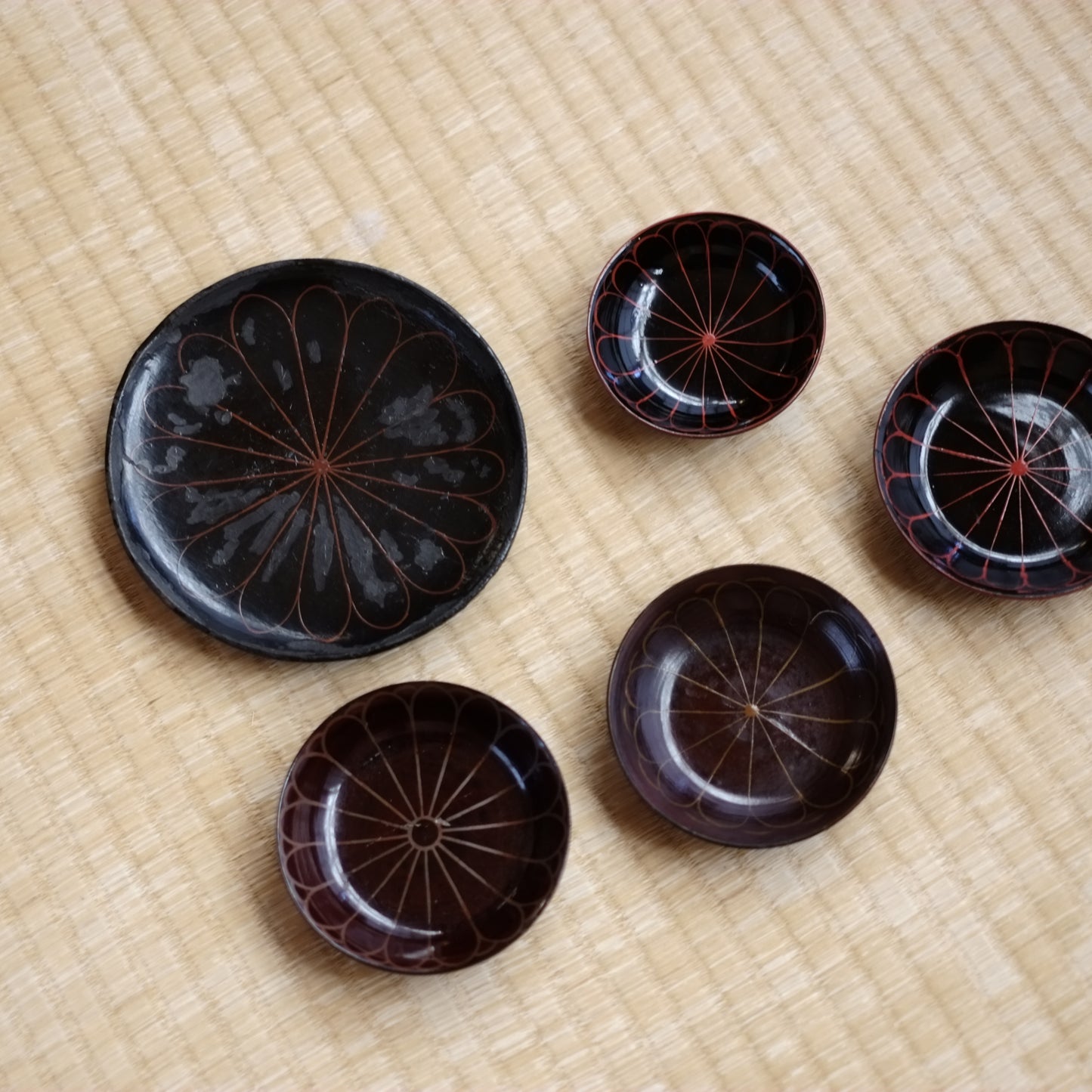 時代　十六花弁　朽木塗　小皿&豆皿　五種　セット　(江戸後期-明治初期)　