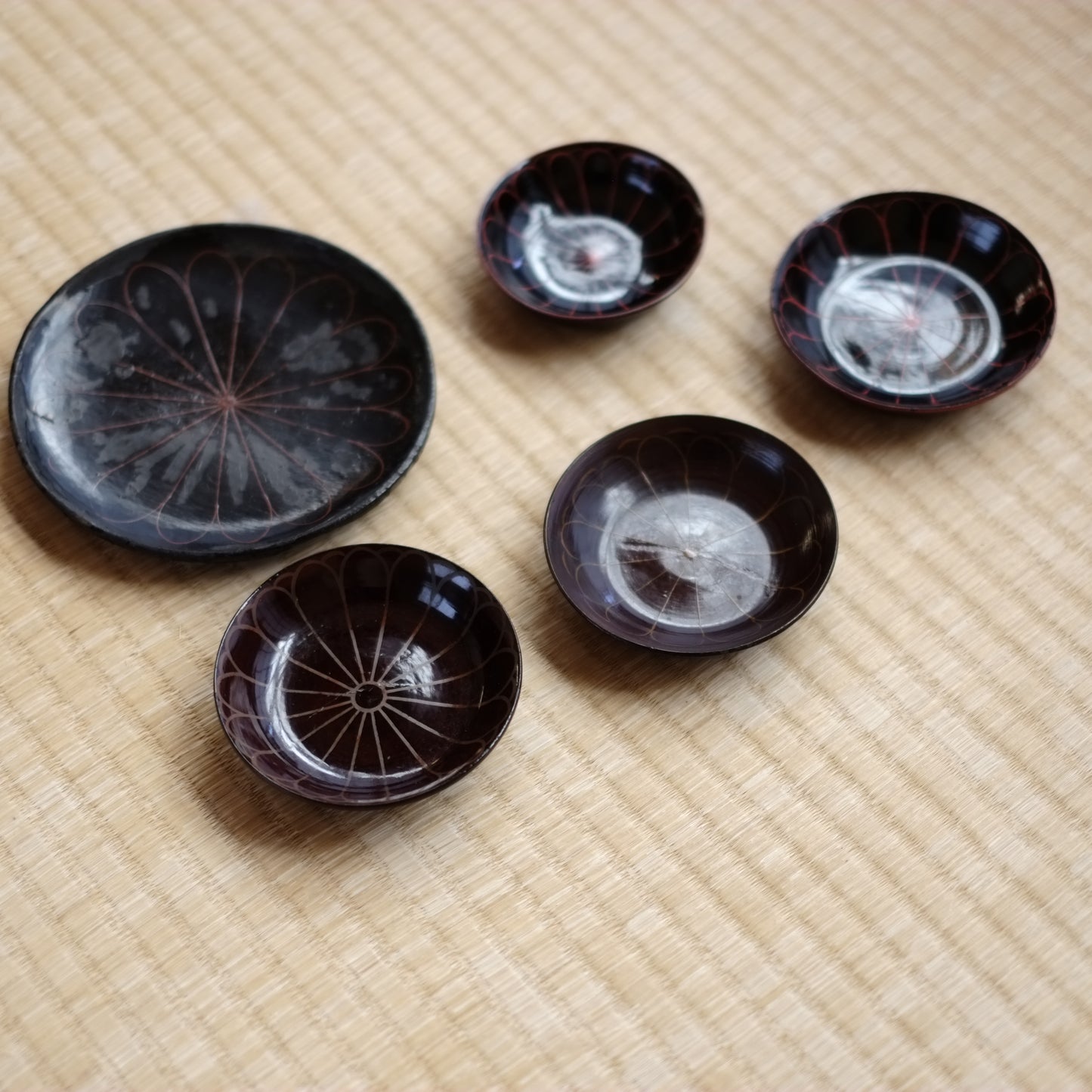 時代　十六花弁　朽木塗　小皿&豆皿　五種　セット　(江戸後期-明治初期)　