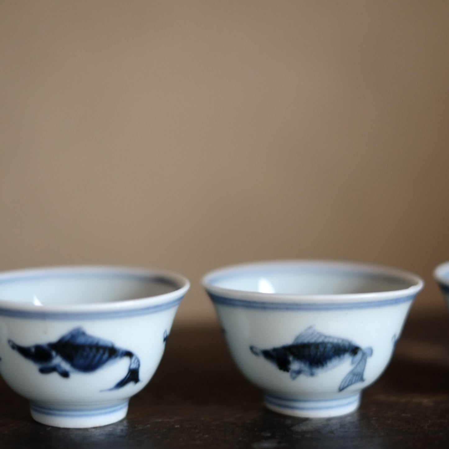 時代　青花　新渡染付魚図　茶杯　五客揃(清朝)