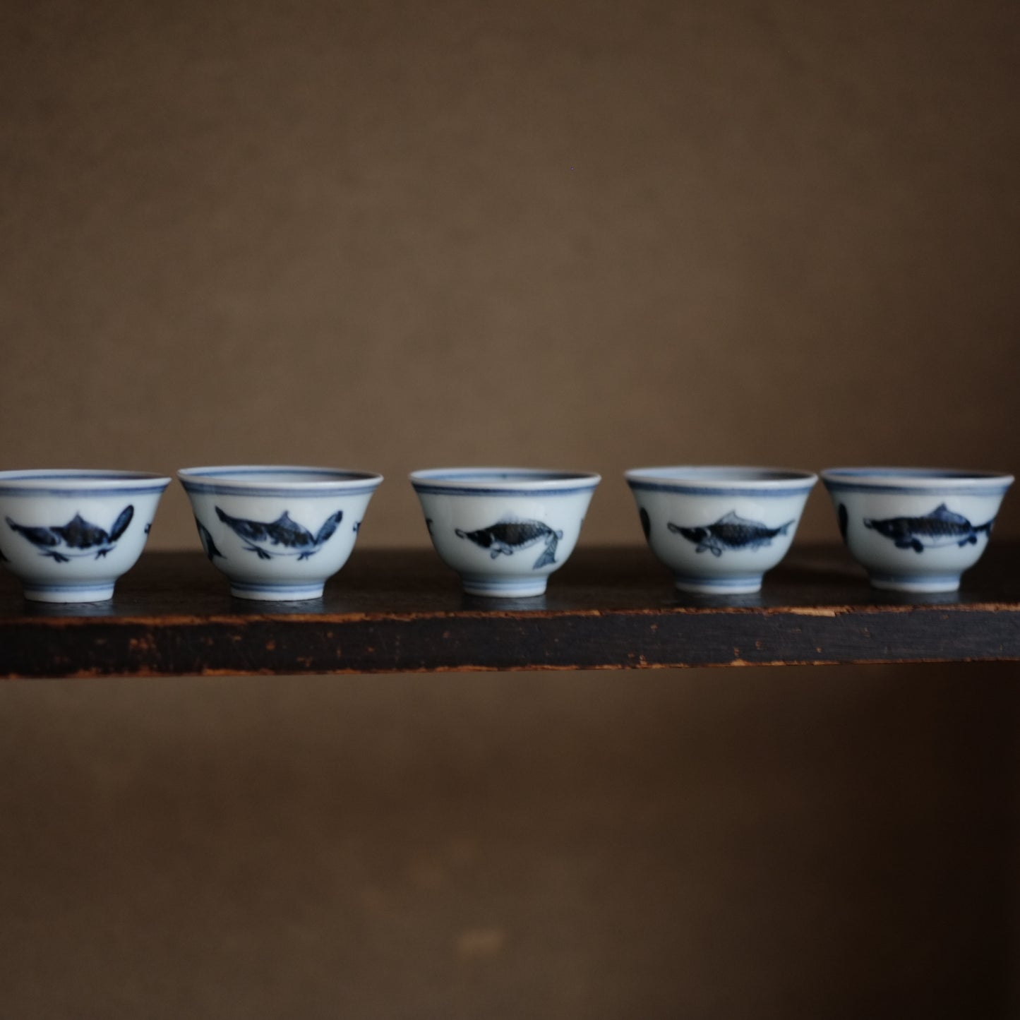 時代　青花　新渡染付魚図　茶杯　五客揃(清朝)