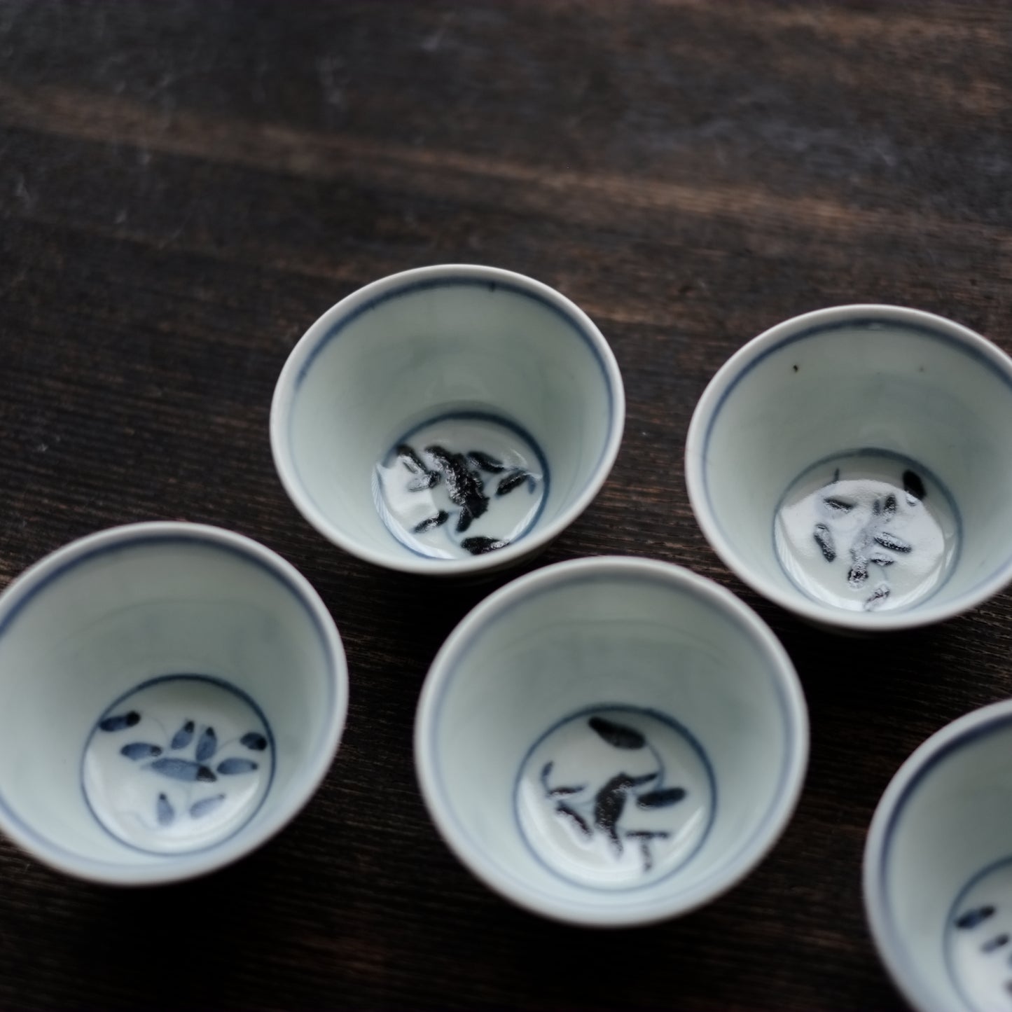時代　青花　新渡染付魚図　茶杯　五客揃(清朝)