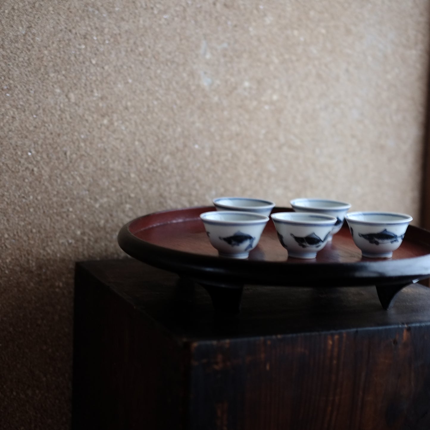 時代　青花　新渡染付魚図　茶杯　五客揃(清朝)