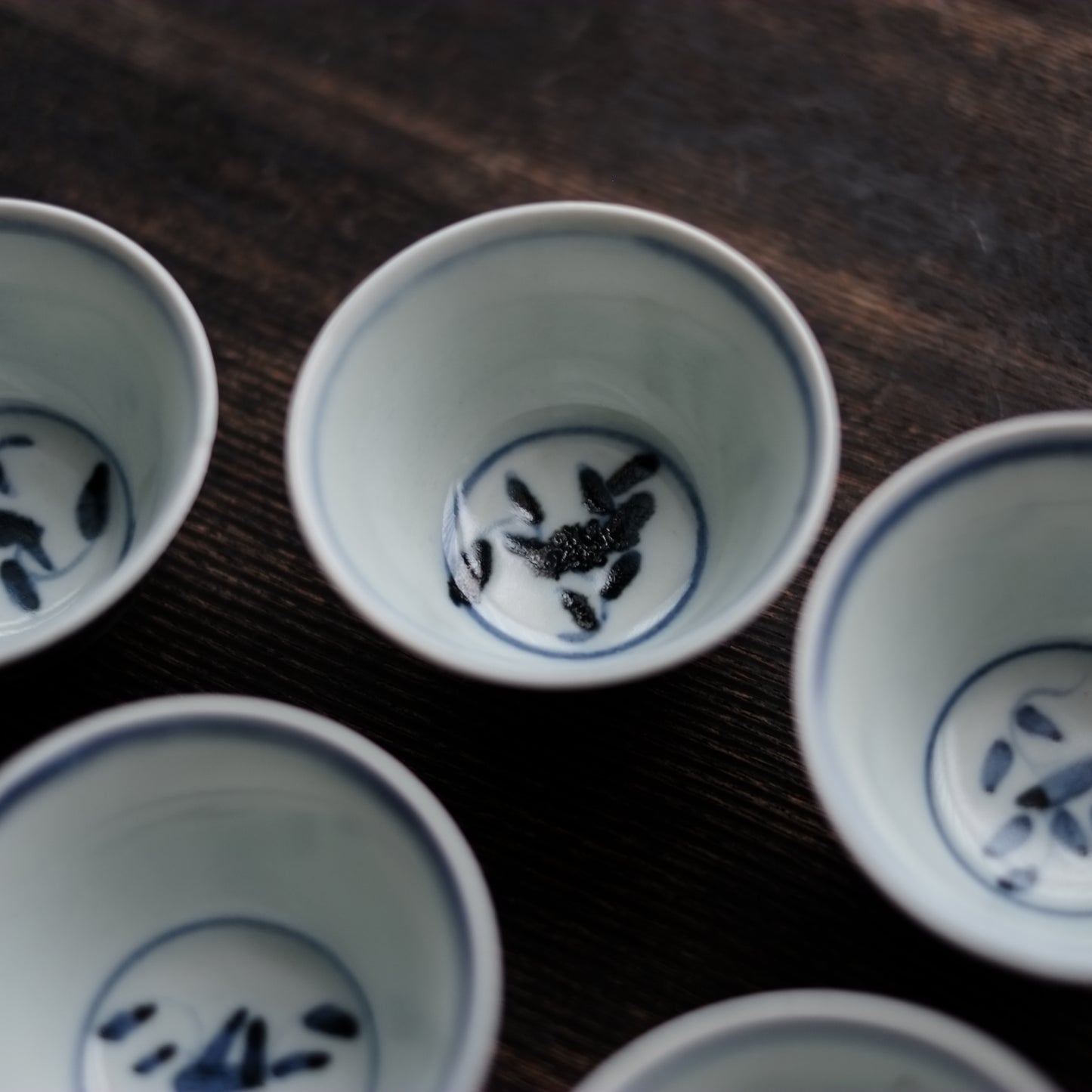 時代　青花　新渡染付魚図　茶杯　五客揃(清朝)