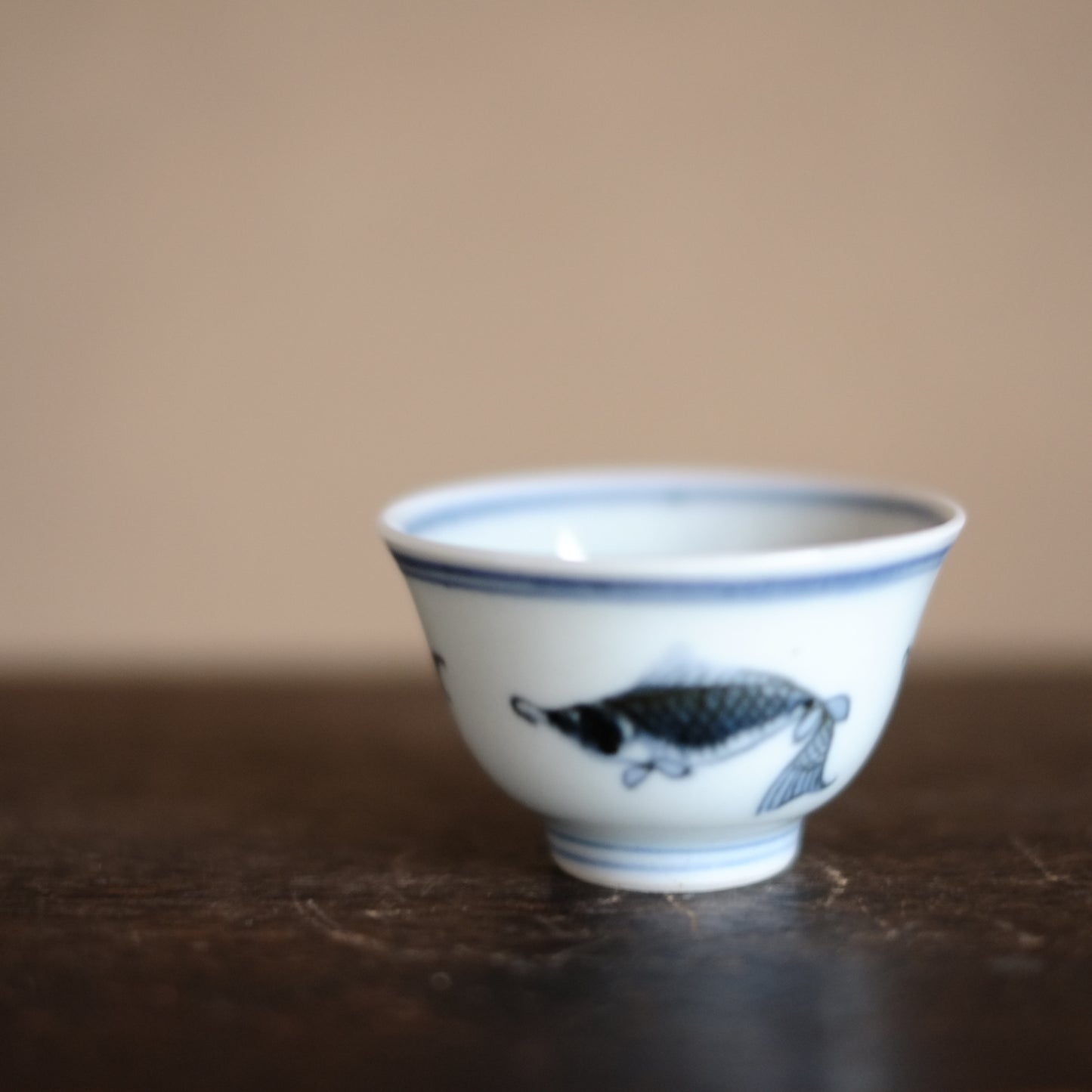 時代　青花　新渡染付魚図　茶杯　五客揃(清朝)