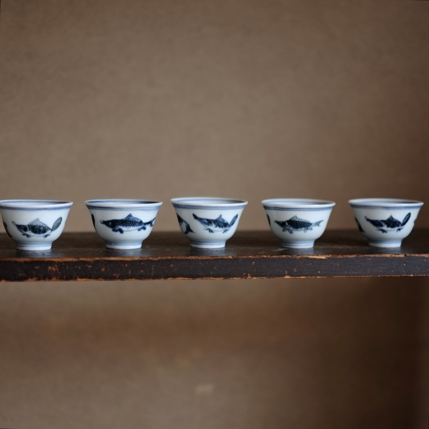 時代　青花　新渡染付魚図　茶杯　五客揃(清朝)