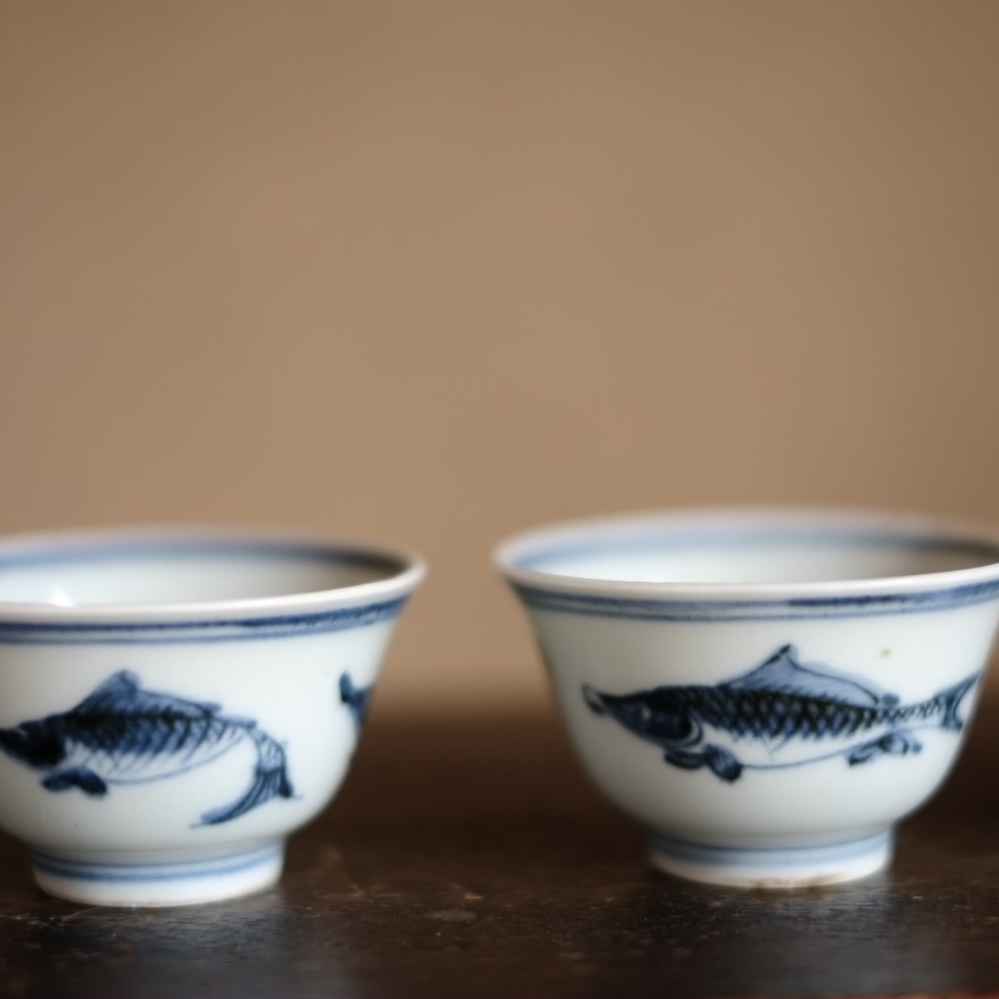 時代　青花　新渡染付魚図　茶杯　五客揃(清朝)