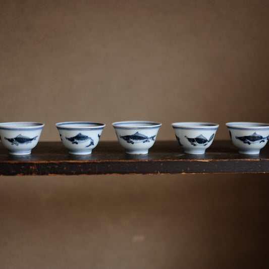 時代 青花 新渡染付魚図 茶杯 五客揃(清朝)