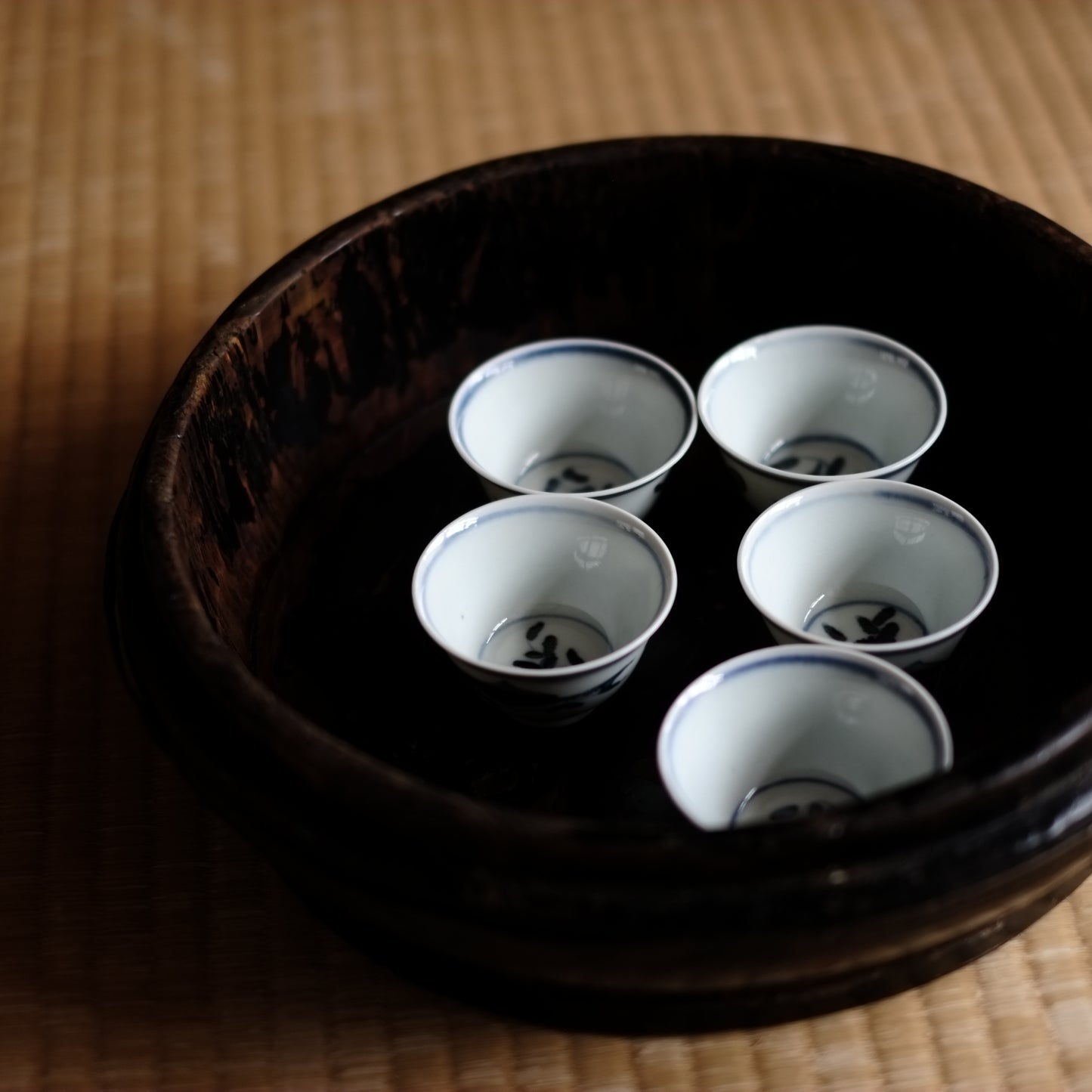 時代　青花　新渡染付魚図　茶杯　五客揃(清朝)