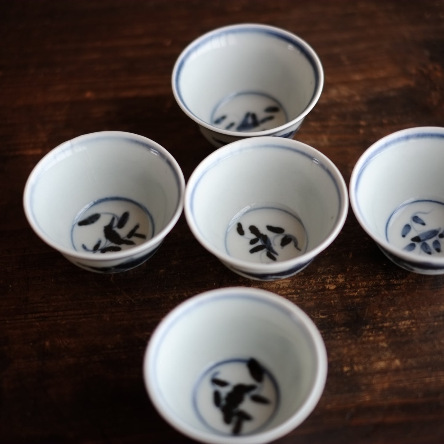 時代　青花　新渡染付魚図　茶杯　五客揃(清朝)